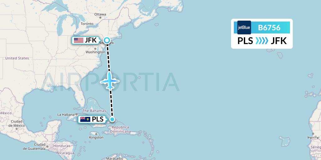 B6756 JetBlue Airways Flight Map: Providenciales to New York
