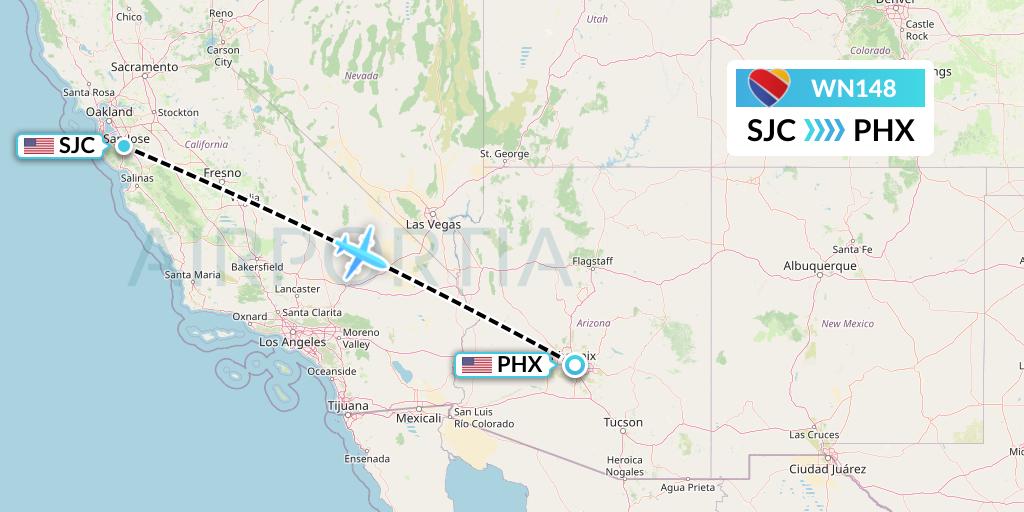 WN148 Southwest Airlines Flight Map: San Jose to Phoenix