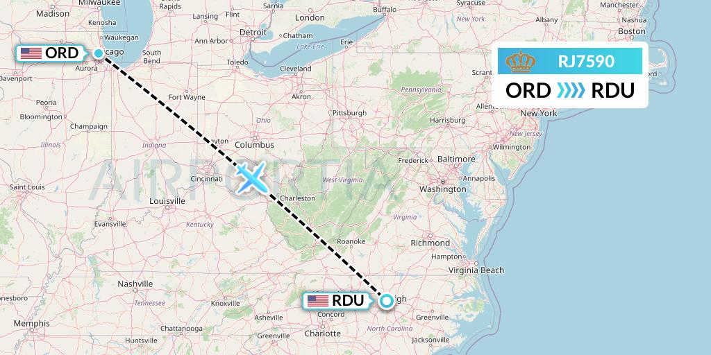 RJ7590 Royal Jordanian Flight Map: Chicago to Raleigh-Durham
