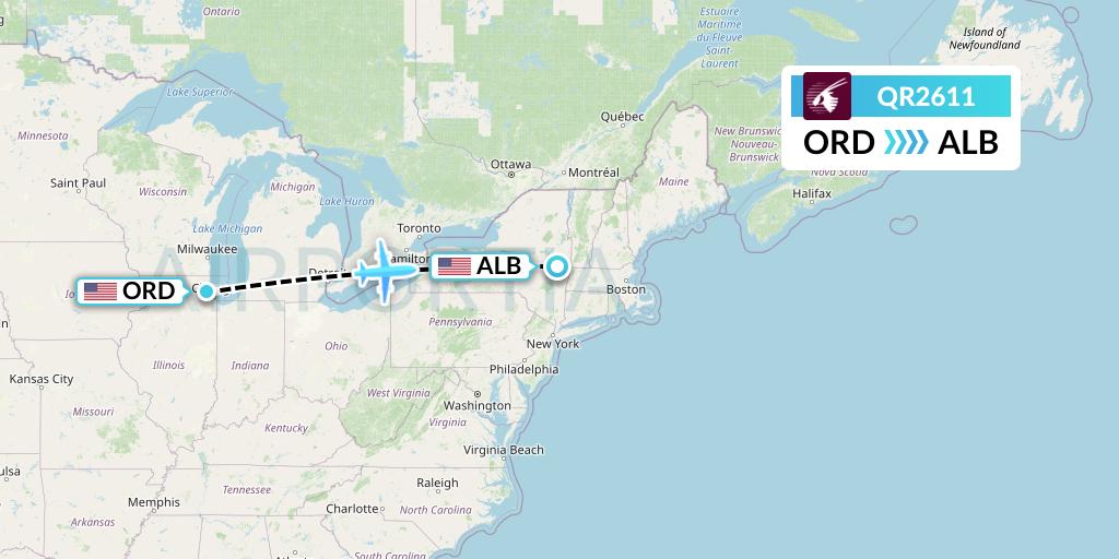 QR2611 Qatar Airways Flight Map: Chicago to Albany
