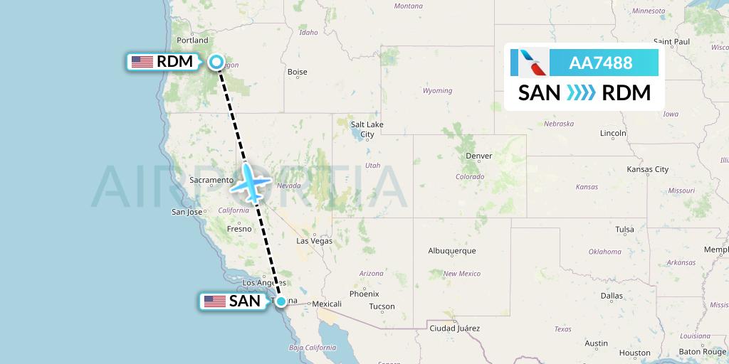 AA7488 American Airlines Flight Map: San Diego to Redmond