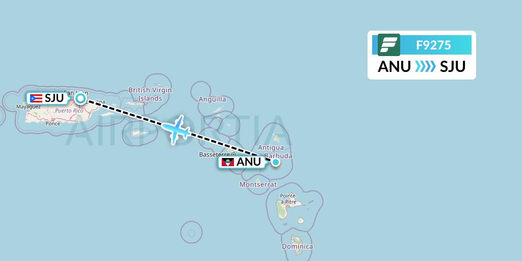 F9275 Frontier Airlines Flight Map: Antigua to San Juan