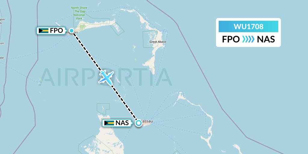 WU1708 Western Air Flight Map: Freeport to Nassau