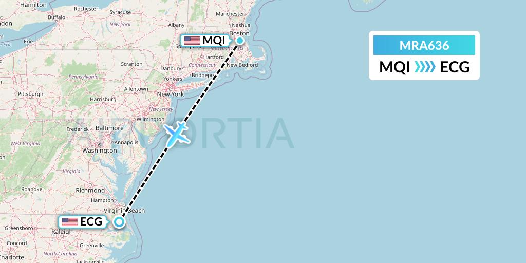 MRA636 Martinaire Flight Map: Quincy to Elizabeth City