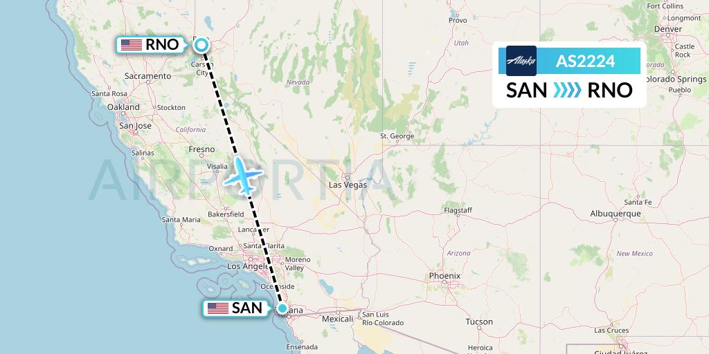 AS2224 Alaska Airlines Flight Map: San Diego to Reno