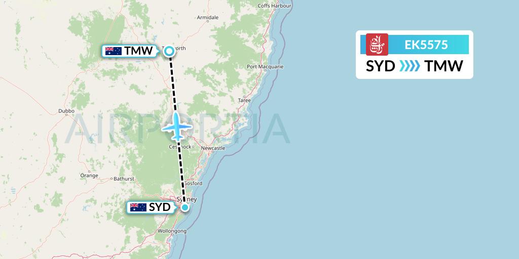 EK5575 Emirates Flight Map: Sydney to Tamworth