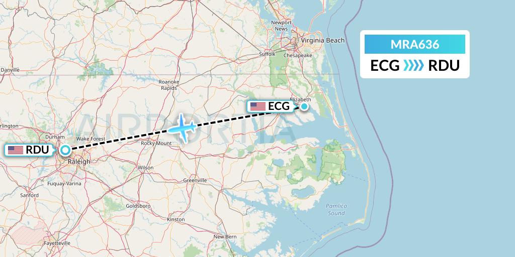 MRA636 Martinaire Flight Map: Elizabeth City to Raleigh-Durham