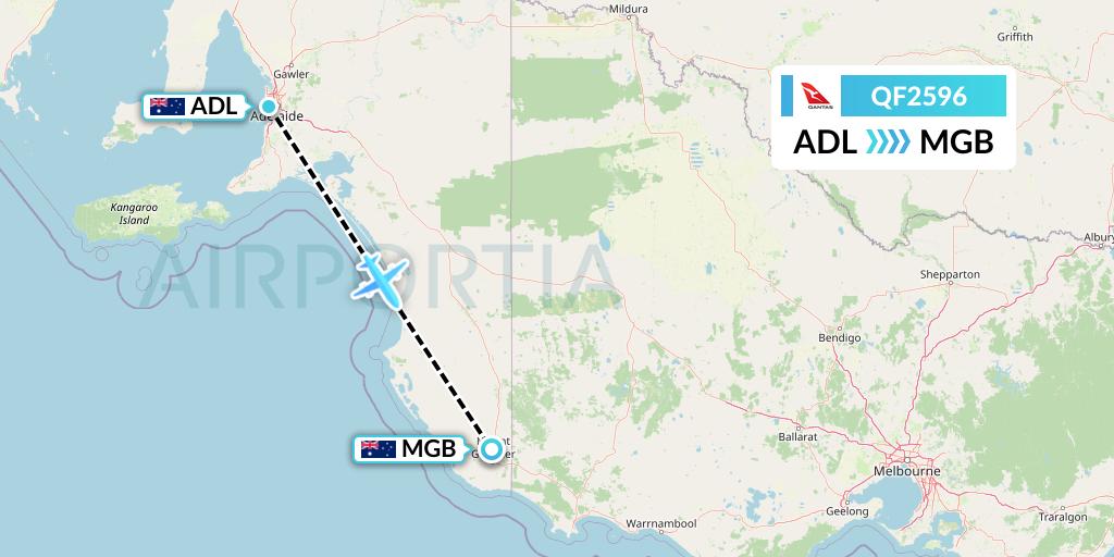 QF2596 Qantas Flight Map: Adelaide to Mount Gambier