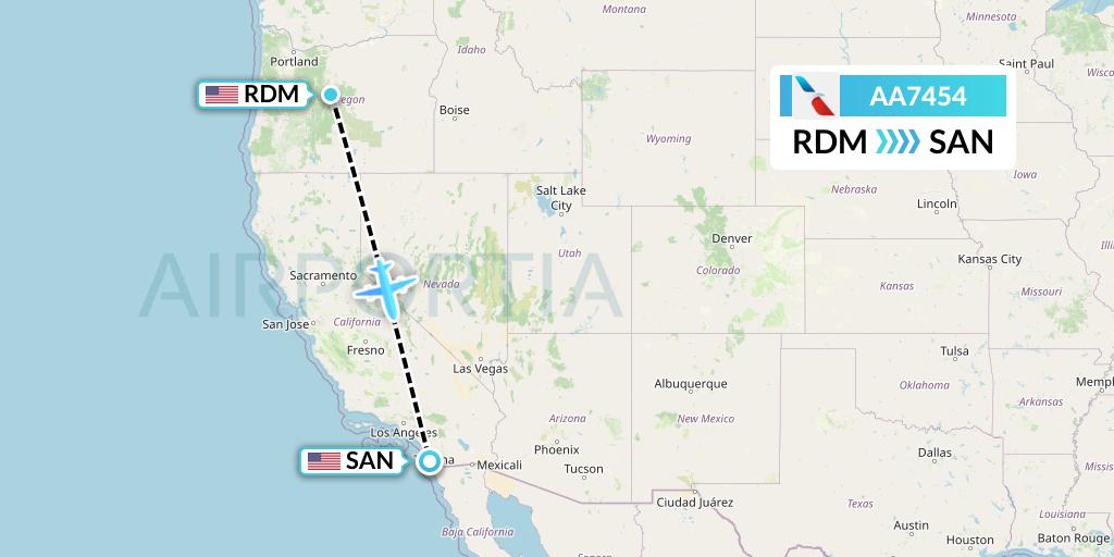 AA7454 American Airlines Flight Map: Redmond to San Diego