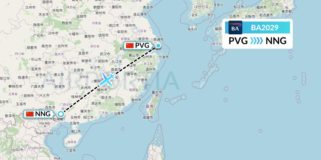 BA2029 British Airways Flight Map: Shanghai to Nanning