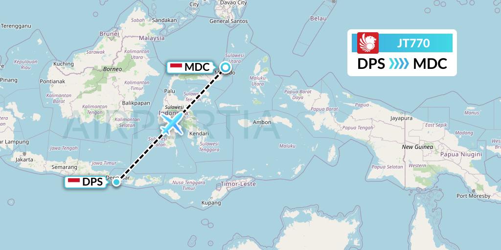 JT770 Lion Airlines Flight Map: Denpasar to Manado
