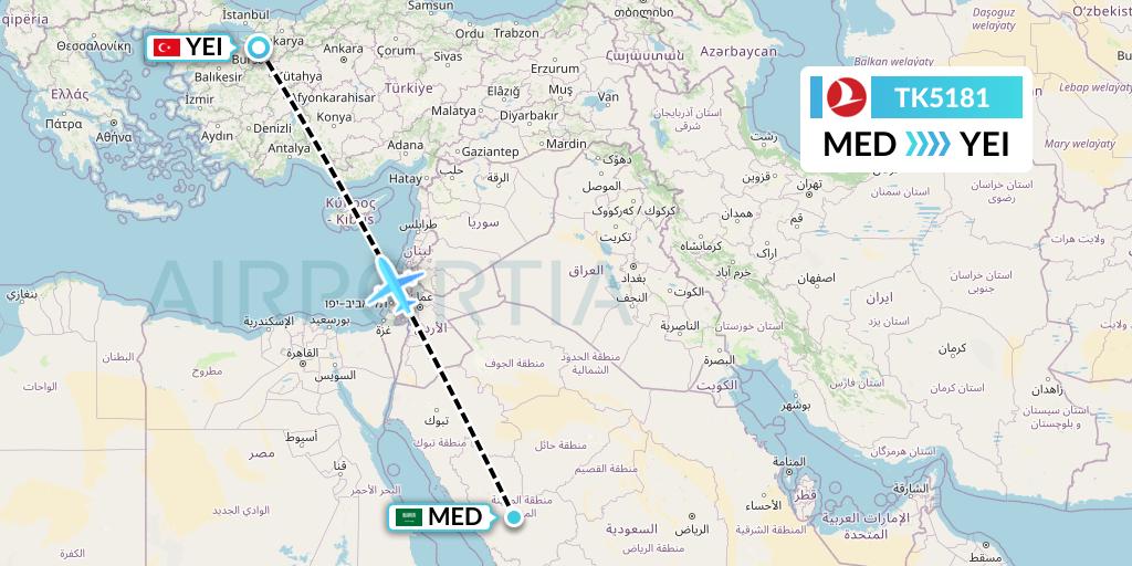 TK5181 Turkish Airlines Flight Map: Medina to Bursa
