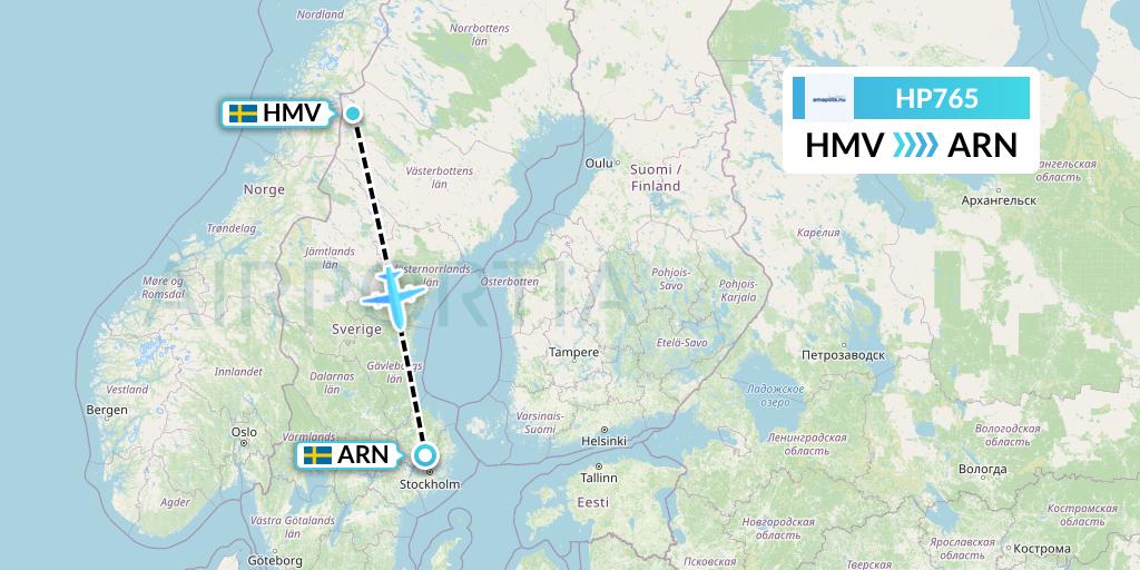HP765 Amapola Flyg Flight Map: Hemavan to Stockholm