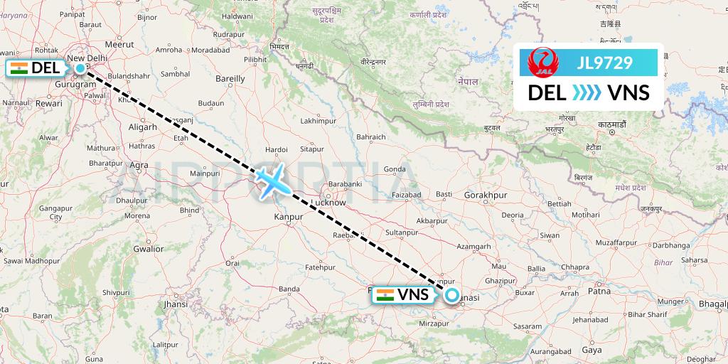 JL9729 Japan Airlines Flight Map: Delhi to Varanasi
