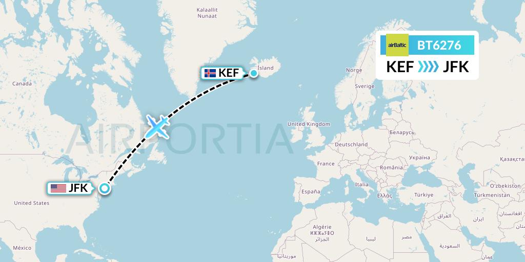 BT6276 Air Baltic Flight Map: Reykjavik to New York