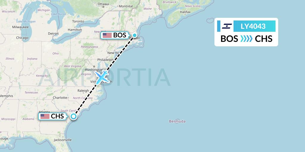 LY4043 El Al Flight Map: Boston to Charleston