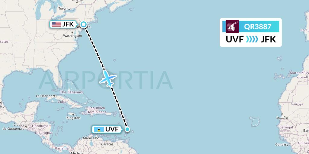 QR3887 Qatar Airways Flight Map: Vieux Fort to New York