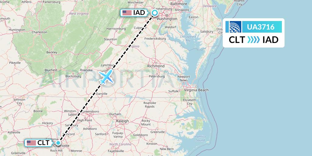 UA3716 United Airlines Flight Map: Charlotte to Washington