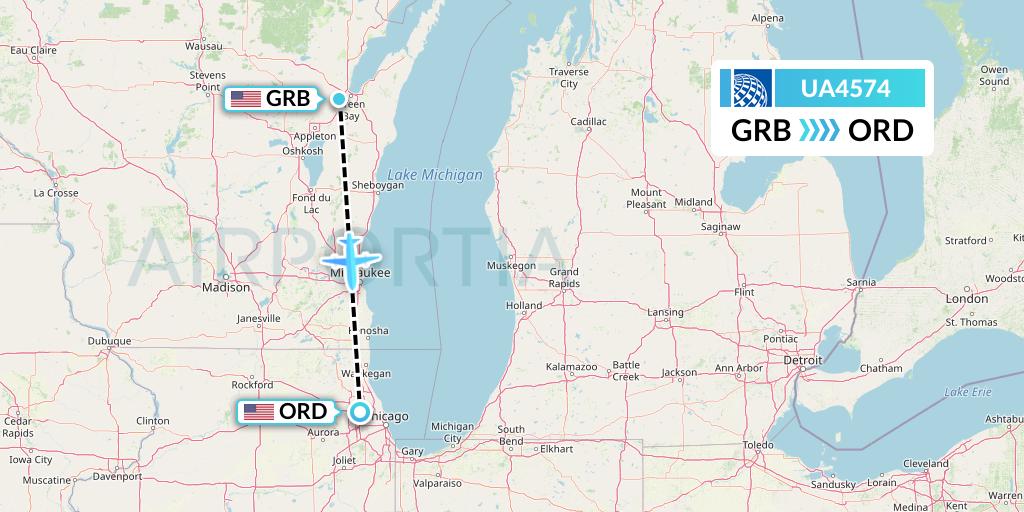 UA4574 United Airlines Flight Map: Green Bay to Chicago