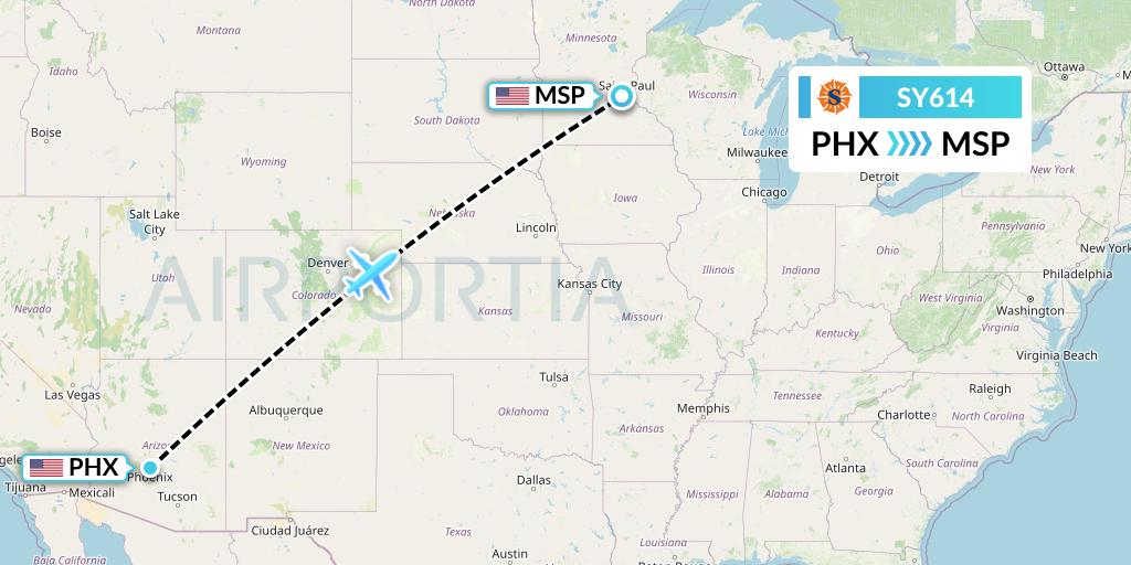 SY614 Sun Country Airlines Flight Map: Phoenix to Minneapolis