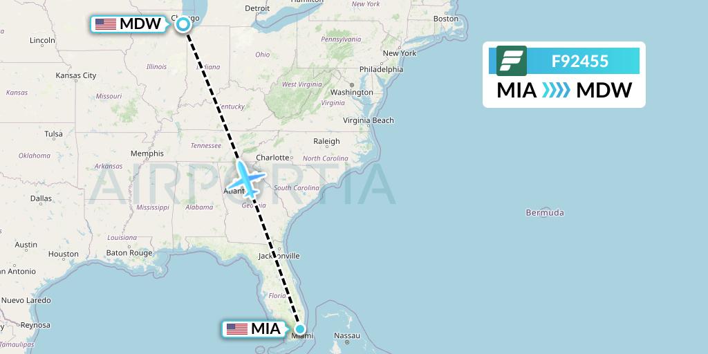 F92455 Frontier Airlines Flight Map: Miami to Chicago