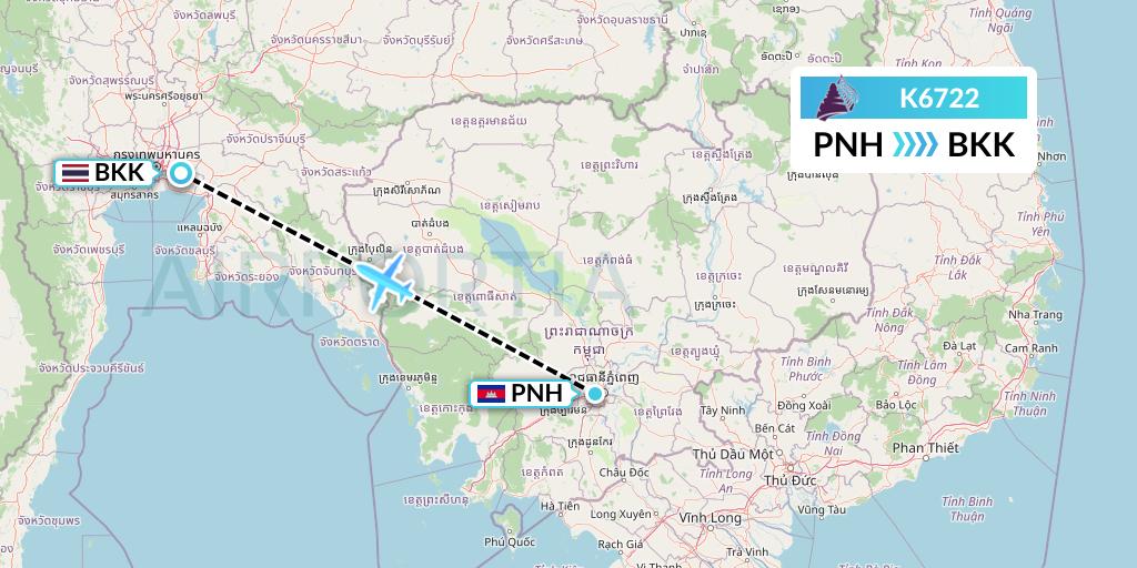 K6722 Cambodia Angkor Air Flight Map: Phnom Penh to Bangkok