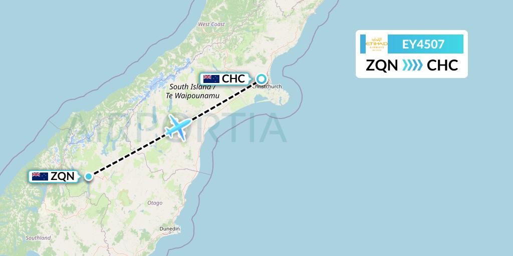 EY4507 Etihad Airways Flight Map: Queenstown to Christchurch