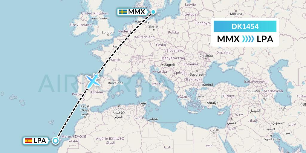 DK1454 Thomas Cook Airlines Scandinavia Flight Map: Malmo to Las Palmas