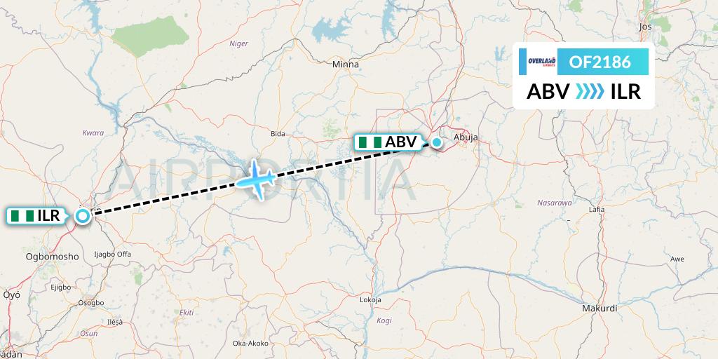 OF2186 Overland Airways Flight Map: Abuja to Ilorin