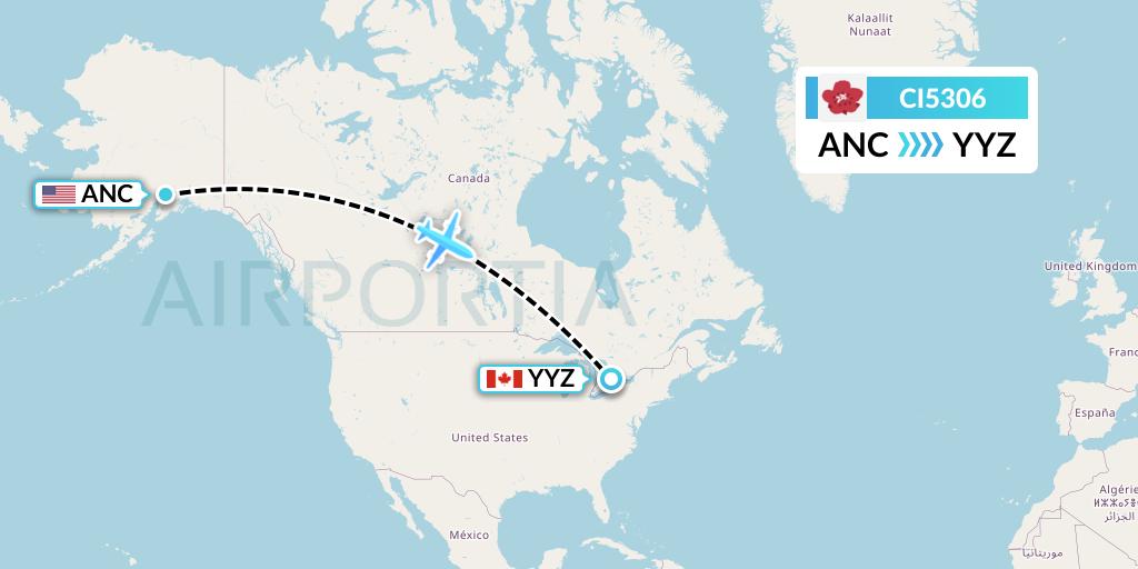 CI5306 China Airlines Flight Map: Anchorage to Toronto