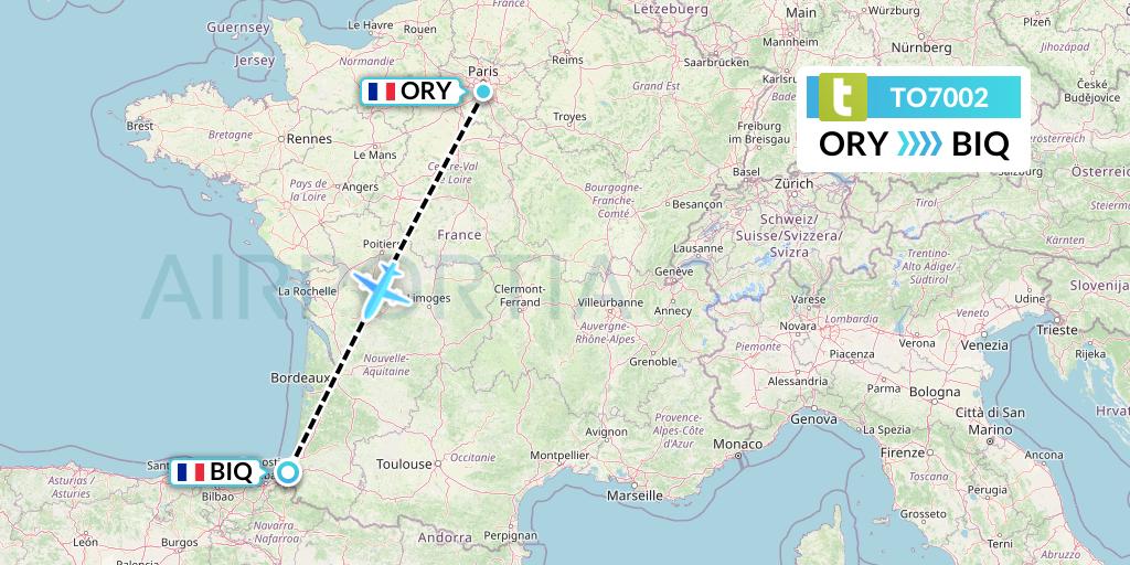 TO7002 Transavia France Flight Map: Paris to Biarritz