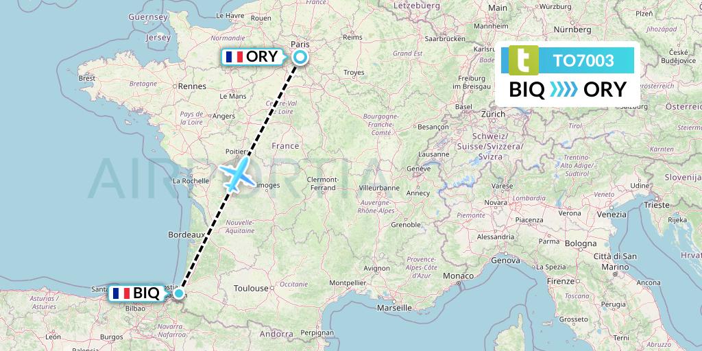 TO7003 Transavia France Flight Map: Biarritz to Paris