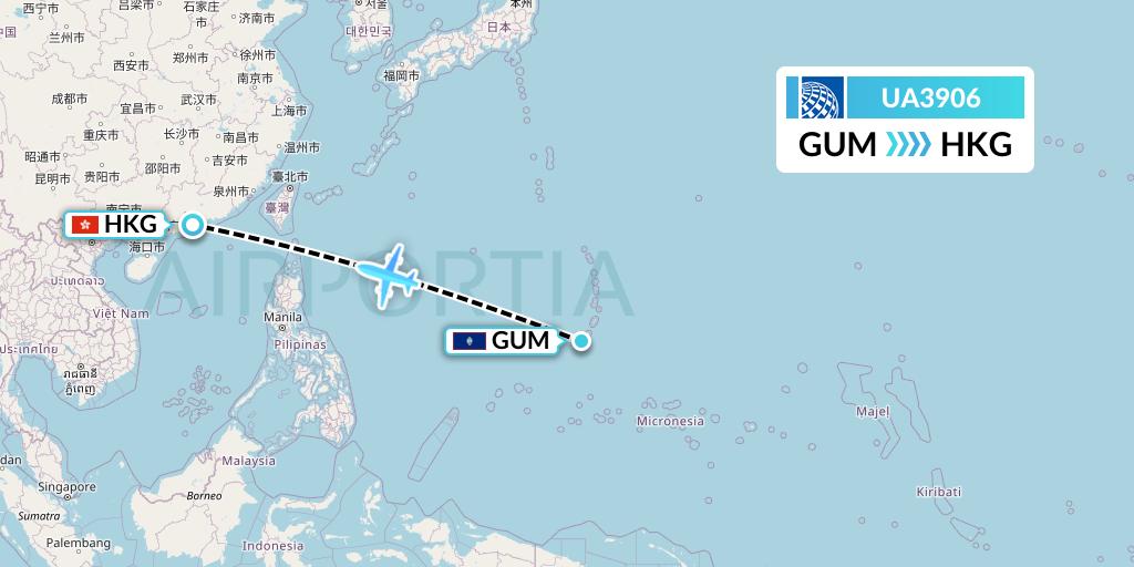UA3906 United Airlines Flight Map: Guam to Hong Kong