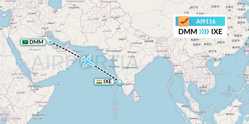 AI9116 Air India Flight Map: Dammam to Mangalore