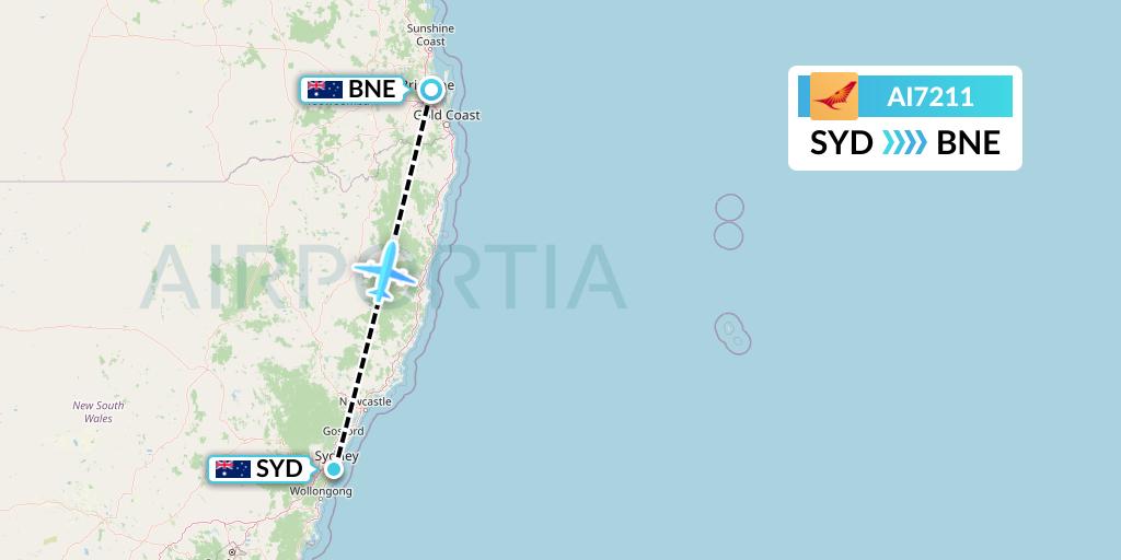 AI7211 Air India Flight Map: Sydney to Brisbane