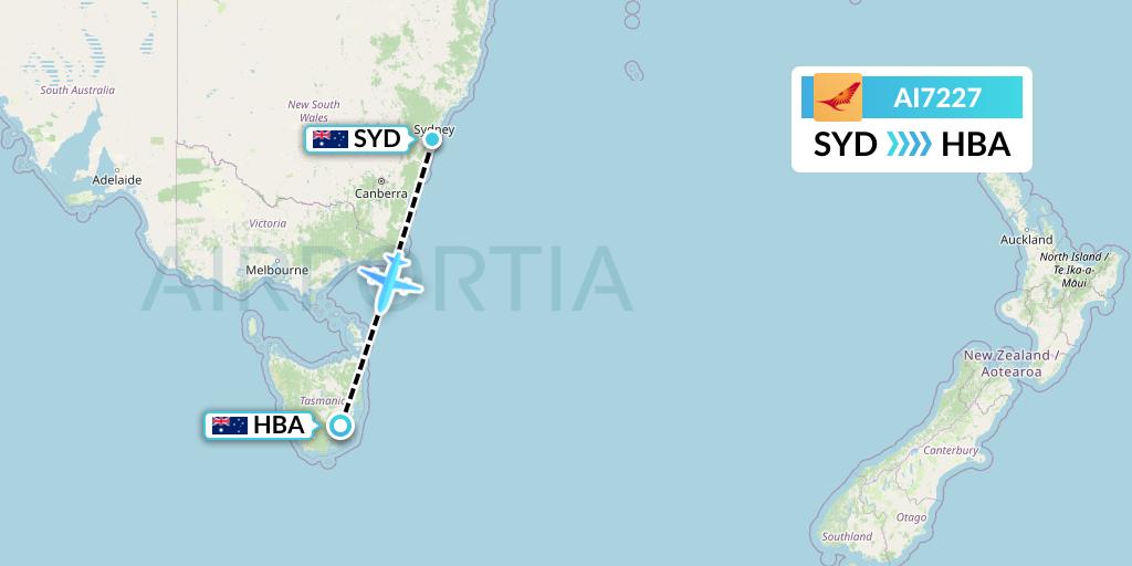 AI7227 Air India Flight Map: Sydney to Hobart
