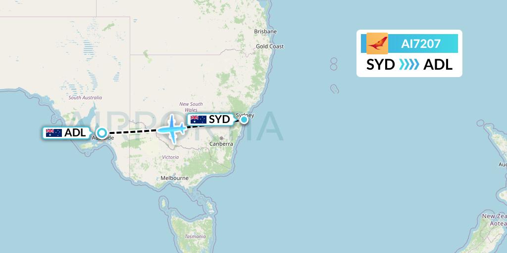 AI7207 Air India Flight Map: Sydney to Adelaide