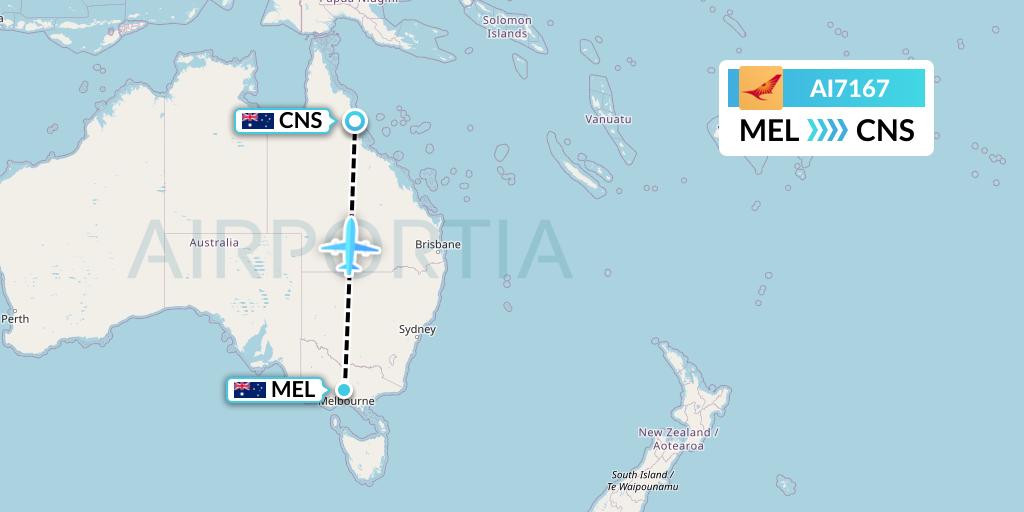 AI7167 Air India Flight Map: Melbourne to Cairns