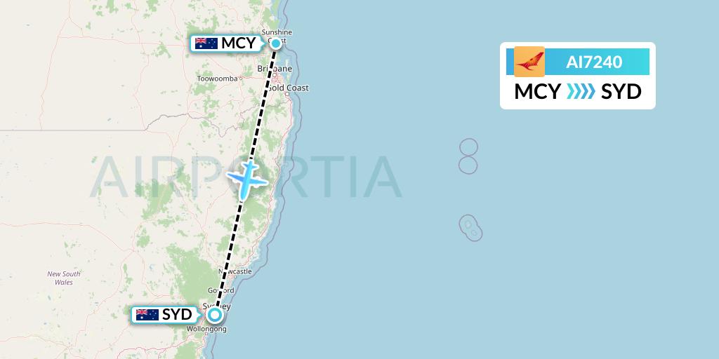AI7240 Air India Flight Map: Sunshine Coast to Sydney