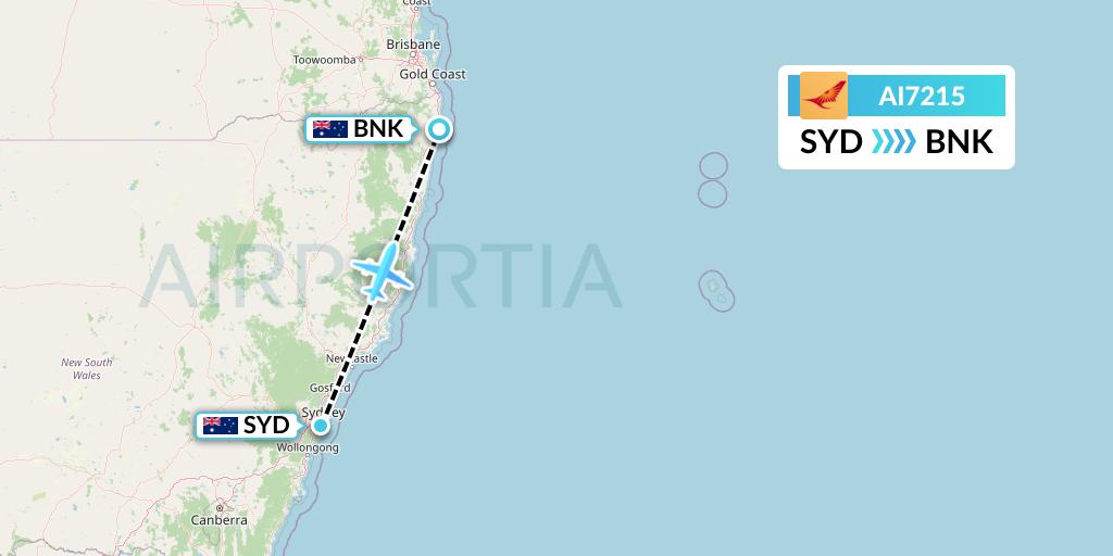 AI7215 Air India Flight Map: Sydney to Ballina