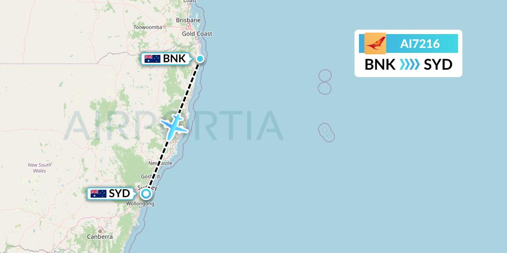AI7216 Air India Flight Map: Ballina to Sydney