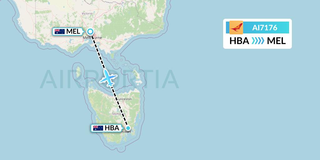 AI7176 Air India Flight Map: Hobart to Melbourne