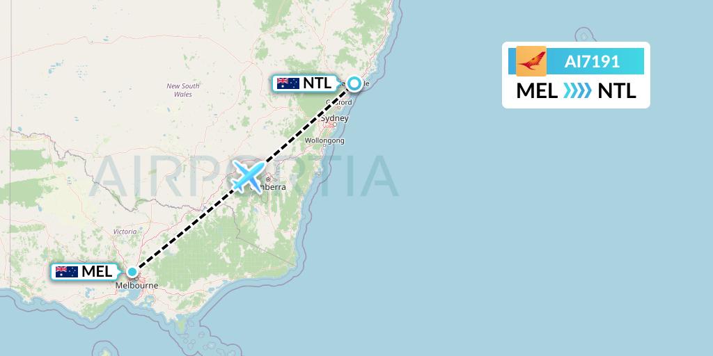 AI7191 Air India Flight Map: Melbourne to Newcastle