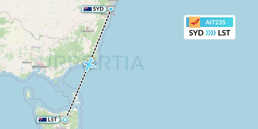 AI7235 Air India Flight Map: Sydney to Launceston