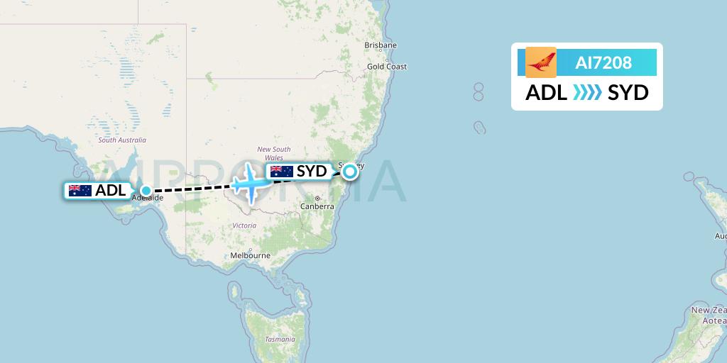 AI7208 Air India Flight Map: Adelaide to Sydney