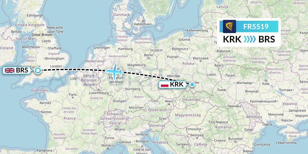 FR5519 Ryanair Flight Map: Krakow to Bristol