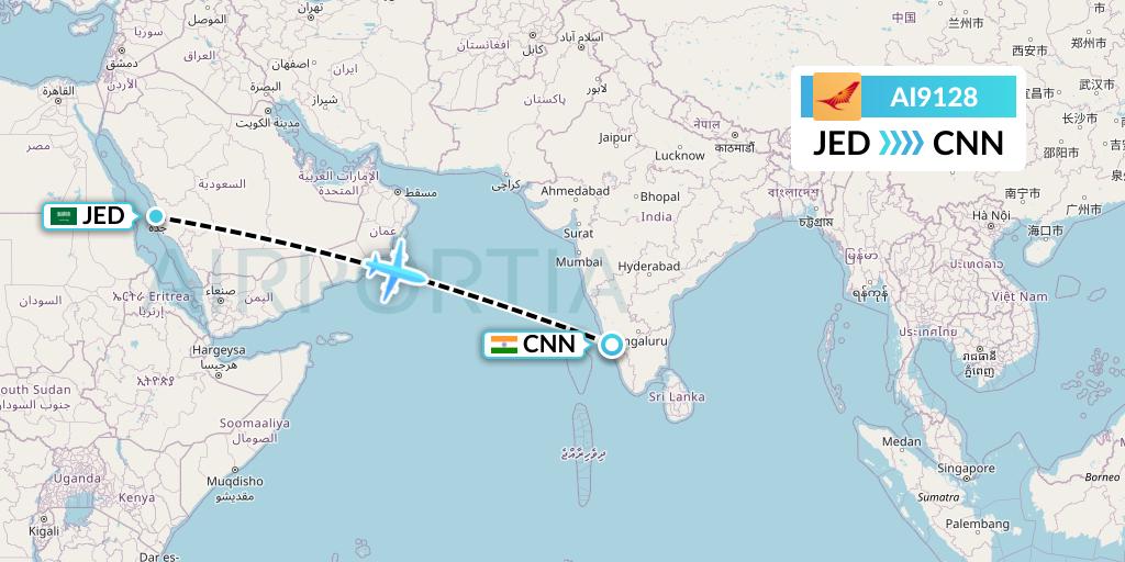 AI9128 Air India Flight Map: Jeddah to Mattannur