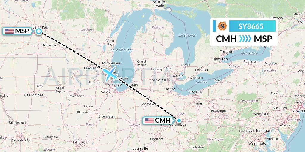 SY8665 Sun Country Airlines Flight Map: Columbus to Minneapolis