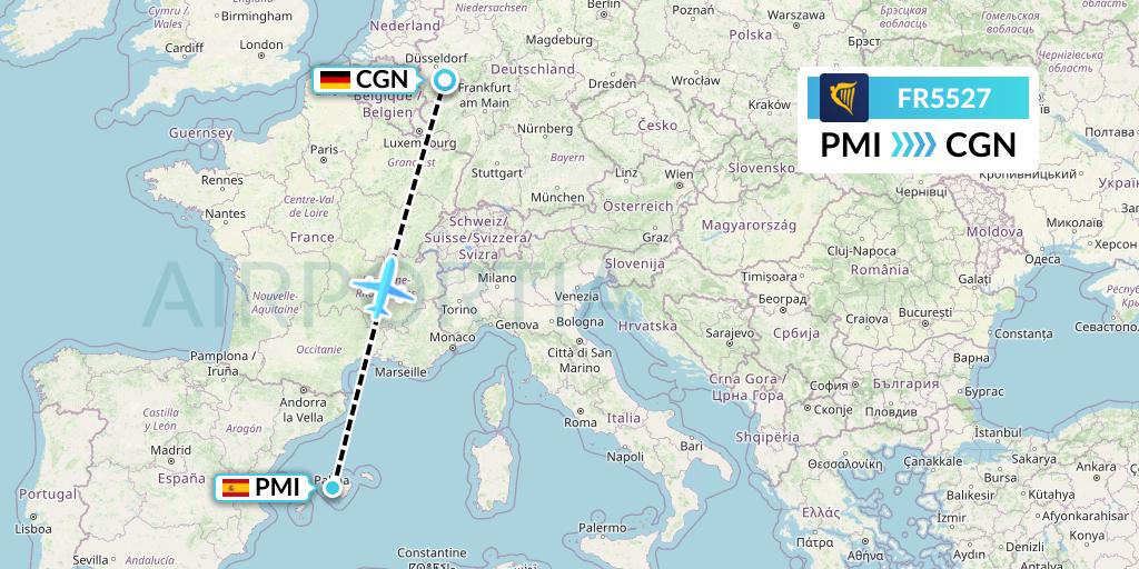 FR5527 Ryanair Flight Map: Palma de Mallorca to Cologne