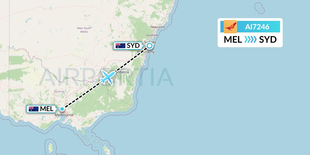 AI7246 Air India Flight Map: Melbourne to Sydney
